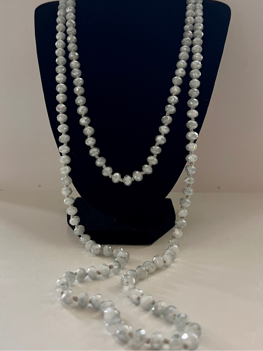 Faceted Glass Bead Silver Grey Iridescent Long Layered Multi-Strand Necklace